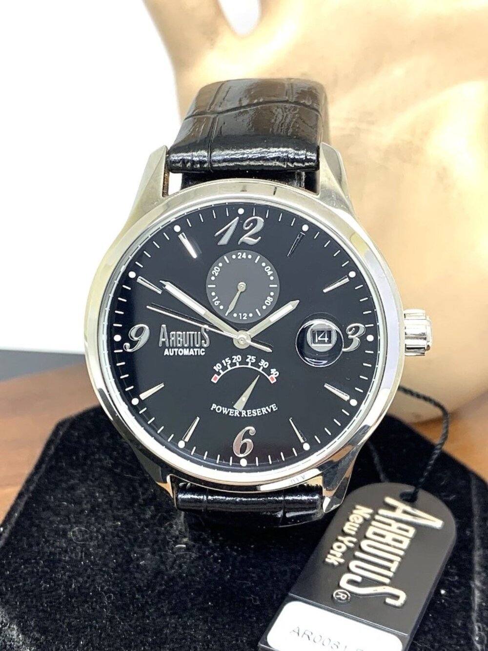 Arbutus Men's Watch Automatic Black Dial Power Reserve Leather Strap 42mm